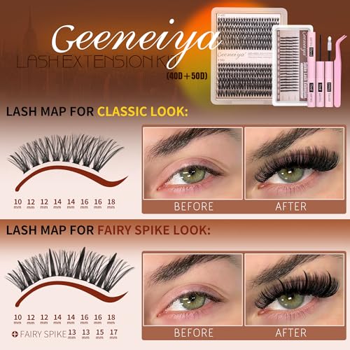 Geeneiya Lash Clusters with Spikes 40D+50D 8-18MM D Curl Extensions