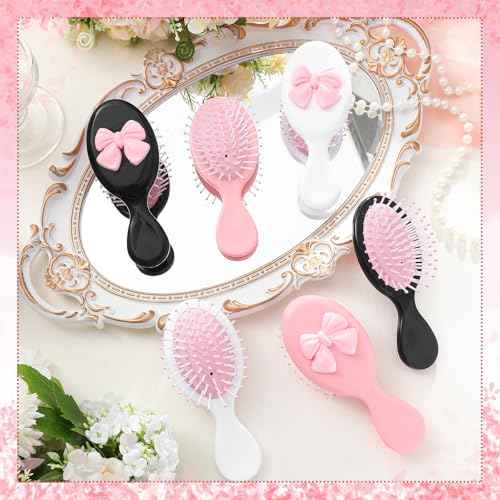 Meanplan 6 Pcs Mini Hair Brush Bulk with Bow Travel Detangling Brush Pink Coquette Small Hairbrush for Dry and Wet Hair Women Gift for Christmas Stocking Stuffers Party Favors(Black,Pink,White)