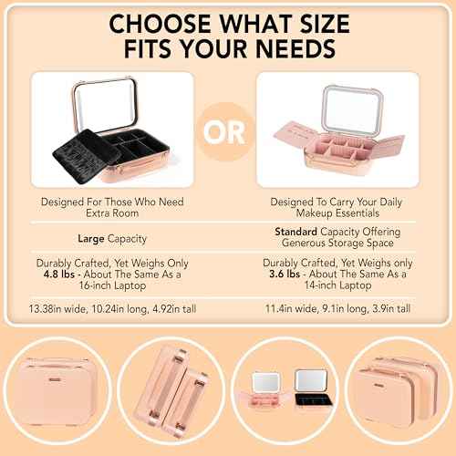 Lighted Makeup Case with Mirror - Standard Size 11.4" x 9" - Travel Makeup Case With Mirror - Rechargeable LED Travel Vanity Case with Adjustable Brightness - Train Case Makeup Bag - Pink