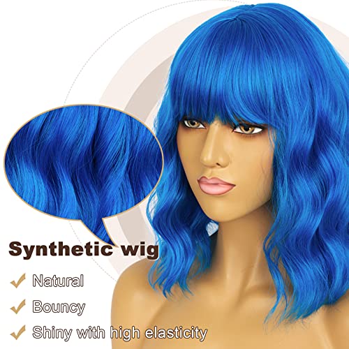 LANCAINI Short Bob Wavy Wig with Bangs for Women Loose Curly Shoulder Length Synthetic Cosplay Wig Bob for Girl Colorful Costume Wigs (Blue)