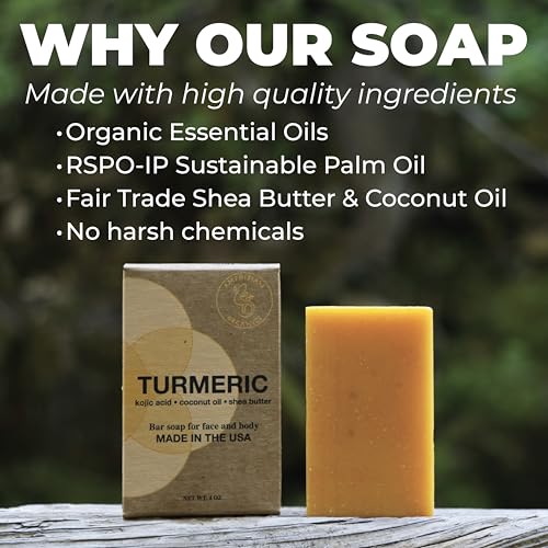 Turmeric Soap - with Kojic Acid, Coconut Oil, Shea Butter, Organic & Natural Ingredients, Vegan, For All Skin Types, Made in USA