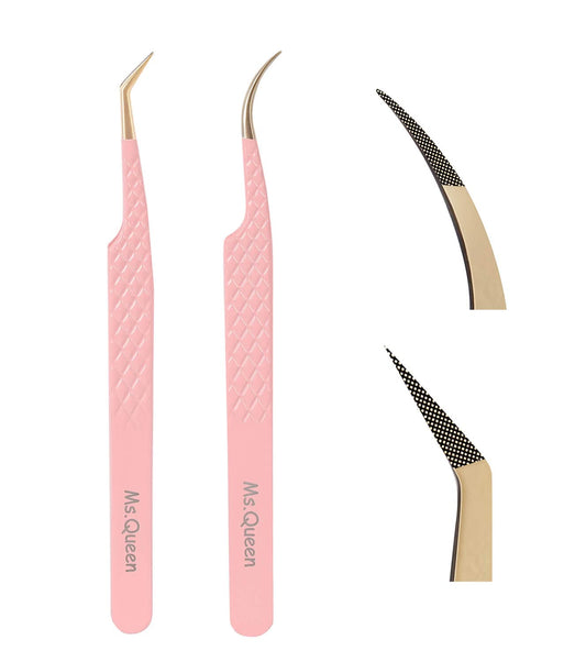 Ms.Queen Volume Lash Tweezers Set,2Pcs Fiber Tip 45 Degree Volume and Curved Isolation Eyelash Extension Tweezers