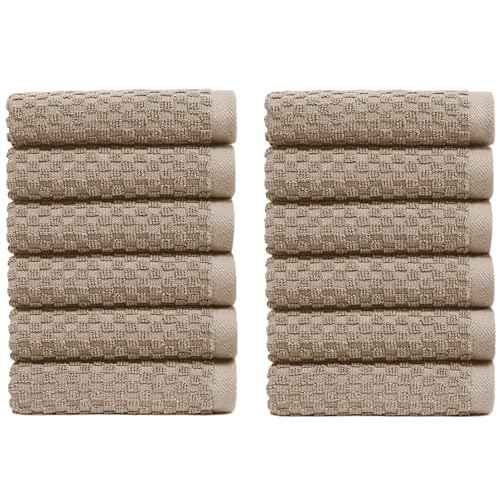 COTTON CRAFT Euro Spa Waffle Wash Cloth - Set of 12 Luxury Pure Ringspun Cotton Waffle Weave Bathroom Face Towel - Everyday Absorbent Hotel Gym Shower Beach Kitchen Travel Dorm - 12x12 inches - Linen