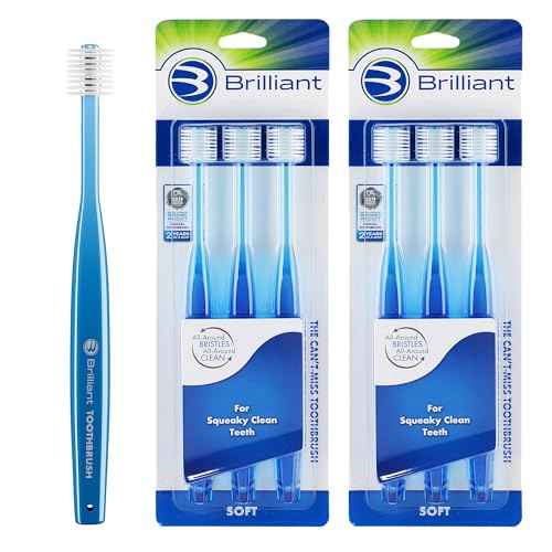 Brilliant Oral Care Adult Toothbrush with Soft Bristles, Round Head, and All-Around Clean for Teeth and Gums, Blue, 6 Pack