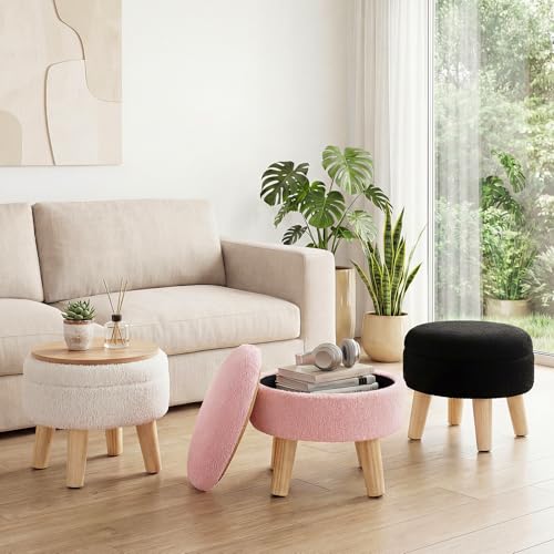 DUMOS Round Storage Ottoman with Reversible Tray, Teddy Velvet, Beige