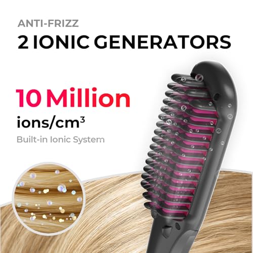 TYMO Ionic Hair Straightener Brush - 16 Heat Settings, Negative Ions, LCD, Dual Voltage