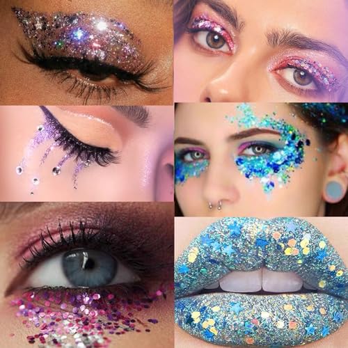 Face Glitter Gel, Holographic Body Glitter Gel for Hair, Body, Face, Lip, Eyeshadow, Sequins Glitter Face Paint, Chunky Glitter for Makeup, Sparkling Glitter Makeup for Concerts Music Festival Rave