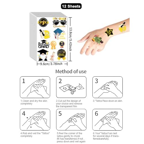 8TH Grade Graduation Class of 2025 Temporary Tattoos,12 Sheets 108 Pieces Graduation Themed Tattoos Stickers Party Decoration Supplies Party favors for 8TH Grade Graduation