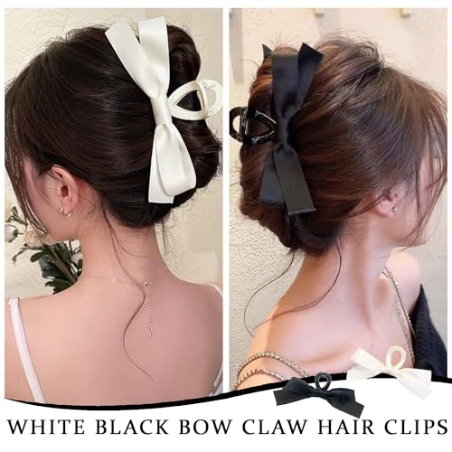 Bow Hair Claw Clip Black Bows Hair Claws Barrette for Thick Thin Hair,Silky Satin Bow Knot Non Slip Claws Clamps Large Bow Hair Barrettes Accessories for Women and Girls (Black + White(matte))