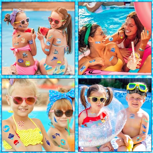 24 Sheets (144 PCS) Swimming Swim Team Temporary Tattoos Stickers, Swimming Swim Team Pool Sport Making Waves Party Favors Supplies Birthday Decorations Gifts for Swimmers Kids Teens Boys Girls