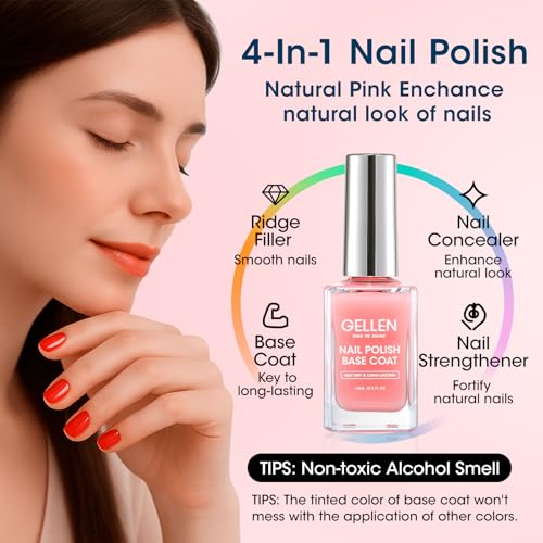 GELLEN 4-in-1 Calcium Nail Strengthener Base Coat - Quick Air Dry Pink Tint