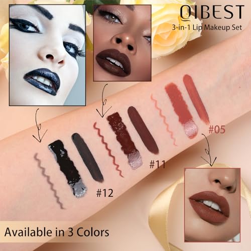 QiBest 3-in-1 Black Lipstick Set – Matte, Gloss & Liner