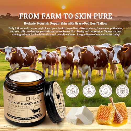 ELBBUB Whipped Tallow Cream for Face & Body - 100% Grass-Fed Beef Tallow, Natural Honey & Beeswax Moisturizer, Deep Hydration & Nourishment, Oil-Free & Unscented, Fast Absorbing