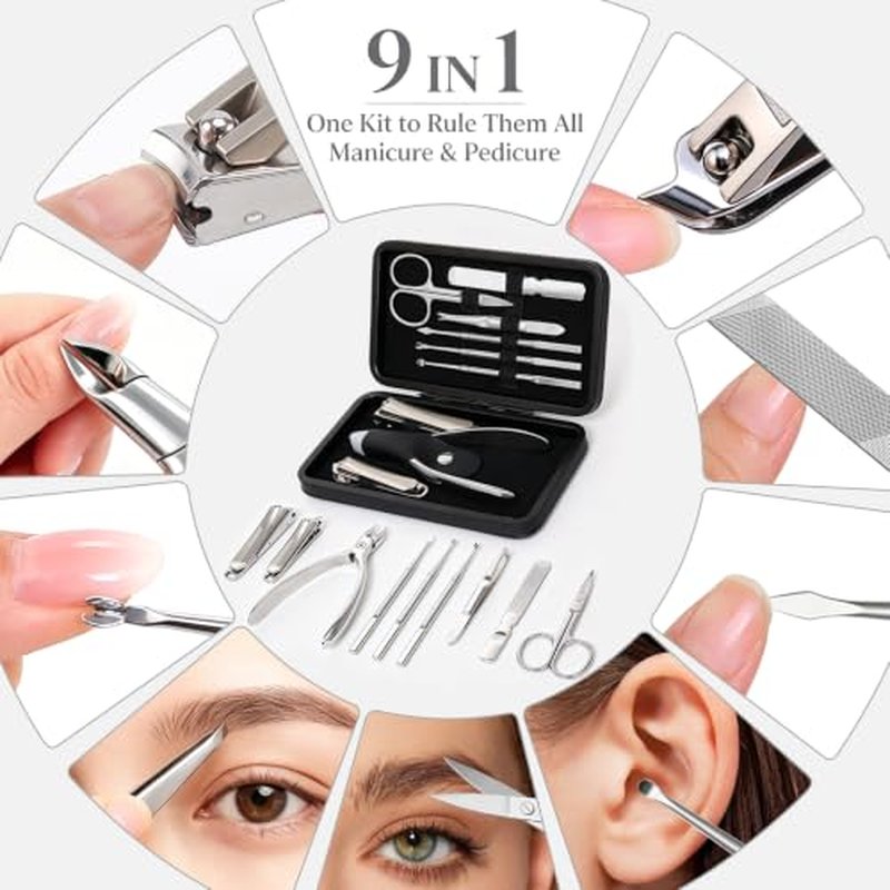 9-in-1 Professional Manicure Pedicure Set - Stainless Steel Grooming Kit with Leather Case