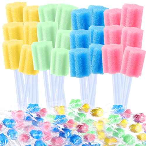 TrelaCo 500 Pcs Toothettes Oral Swabs Bulk Disposable Mouth Cotton Swabs Multicolor Sponge Individually Wrapped for Elderly Adults Oral Cavity Mouth Cleaning(Plum Blossom)