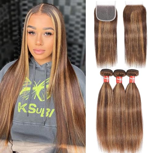 Brazilian Human Hair Bundles With 4x4 Closure P4/27 Honey Blonde