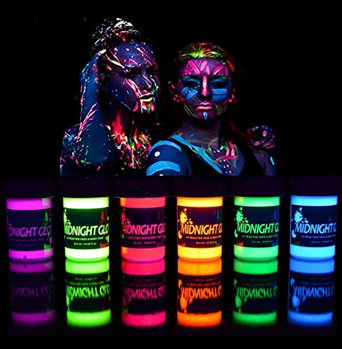 Midnight Glo UV Face & Body Paint Set - Fluorescent Face Paints - Blacklight Reactive - Safe, Washable, Non-Toxic (6 Bottles 0.75 oz. Each)