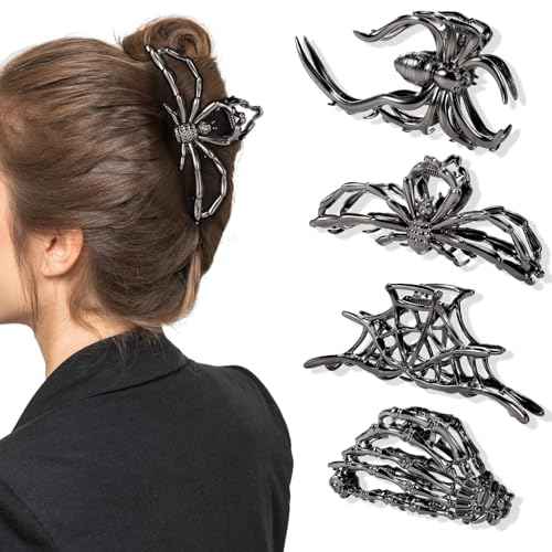 Obeoby 4 Pcs Metal Hair Clips for Women, Large Hair Claw Clips for Thick Long Hair Styling with Spider Webs Skeleton Decor, Goth Accessories Stocking Stuffers Halloween Christmas Gifts (Black)