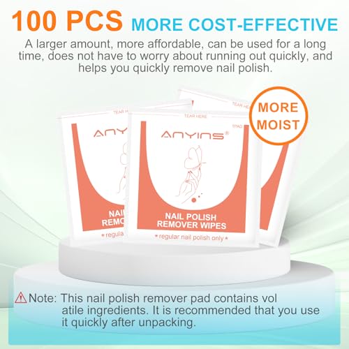 ANYINS 100-Pack Acetone-Free Nail Polish Remover Pads - Travel Wipes