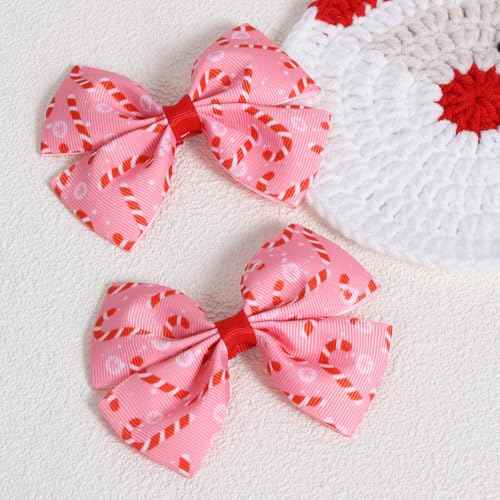 4pc Christmas Pink Candy Cane Ribbon Hair Bow Clips for little Teen Toddler Baby Girls, Cute Handmade Bow-knot Alligator Barrettes Kids Xmas Tree Wreath Decor Accessories Gift