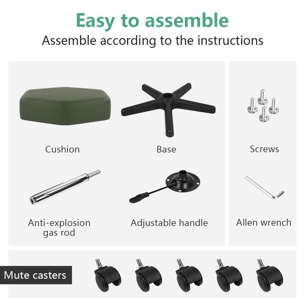 FURWOO Hexagon Rolling Stool Height Adjustable Stool with Wheels for Spa Salon Massage Green