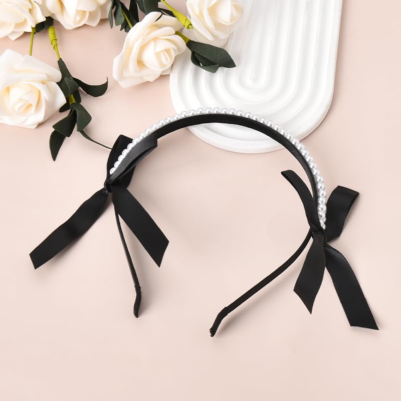 Pearl Bow Headband for Women Headband Accessories for Girls Black Headband with Bow Knot Beaded Hair Bands for Women's Hair Non Slip Ribbon Head Band Valentine's Day Hair Hoop Decorative Headband