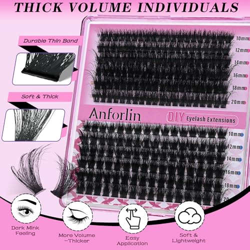 Anforlin Lash Clusters Kit 240pc DIY Eyelash Extensions 10-22mm