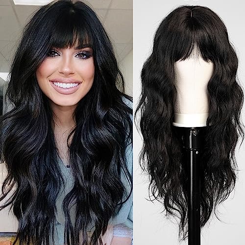 HAIRCUBE Black Wig with Bangs for Women Long Wavy Hair Wig Black Wig Curly Wavy Synthetic Wigs for Girls Daily Party Use