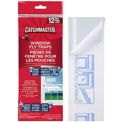 Catchmaster Window Fly Traps 12-Pack XL, Fruit Fly Traps for Indoors, Disposable Bulk Bug Catcher, Waterproof Insect Glue Trap, Adhesive Fly Strips, Pet Safe Pest Control for Home, Kitchen, & Garage