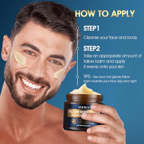 Mens Face Moisturizer Cream - Anti Aging & Wrinkle for Men with Tallow Balm & Raw Honey, Natural Grass-Fed Tallow Moisturizer for Face, Facial Skin Care & Eye Lotion - Day & Night, 2oz/60g