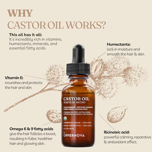 Offernova Organic Castor Oil, Pure Cold Pressed - Eyelash Serum for Hair Growth, Thicker Eyebrows - Hexane Free- Aceite de Ricino Organico para Crecimiento Pesta?as