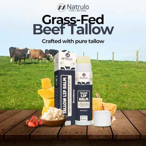 Beef Tallow Lip Balm ? Natural Tallow Beeswax Chapstick ? Hydrating Moisturizer Grass Fed Tallow Balm Care ? Soothes Chapped Dry Lips Sensitive Skin ? Long Lasting Vitamin Rich USA-Made, Strawberry