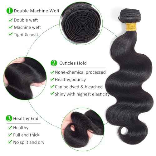 Kapelli Hair Body Wave Bundles with Closure (12 14 16+10) Human Hair Bundles with Closure 100% Unprocessed Brazilian Virgin Remy Hair Extensions Real Human Hair for Women Quick Weave Natural Black