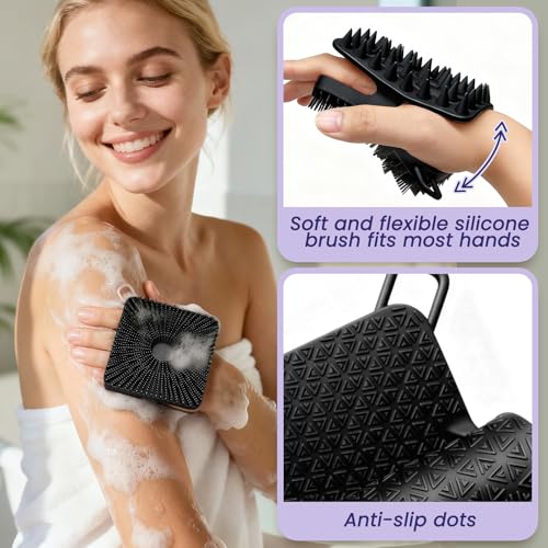 Manmihealth Dual-Sided Silicone Body Scrubber Scalp Massager & African Bath Sponge Net Set, 2-in-1 Silicone Shower Shampoo Brush Africa Wash Net Combination, Lather Well,Strong Exfoliating(Black+Pink)