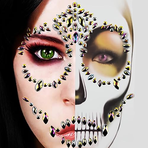 Halloween Sugar Skull Face Gems Jewels Skull Temporary Rhinestone Face Tattoo Day Of The Dead Face Decal Tattoo Stickers For Halloween Festival Rave Party Festival Accessories (Black Gold)