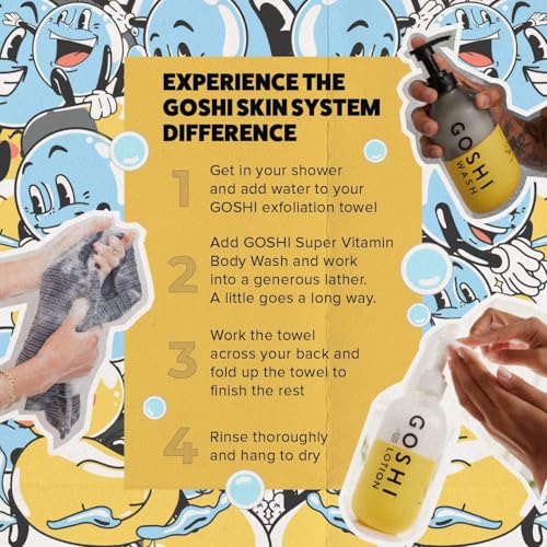 GOSHI Exfoliating Shower Towel and 20 oz Super Vitamin Body Wash for Women and Men - Exfoliating Bath Set for All Skin Types