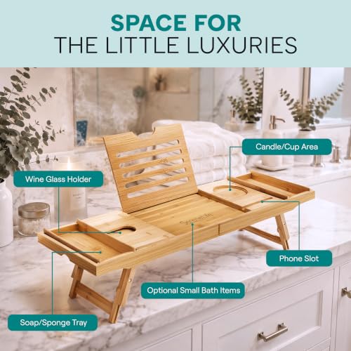 Bamboo Bath Caddy Tray with Adjustable Arms & Wine Glass Holder