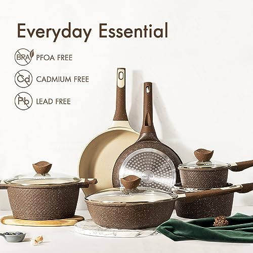 CAROTE Nonstick Pots and Pans Set,Cookware Sets 19 Pcs Nonstick, Healthy Non Stick Induction Stone Cookware Kitchen Granite Cooking Set w/Frying Pans & Saucepan, PFOS, PFOA Free