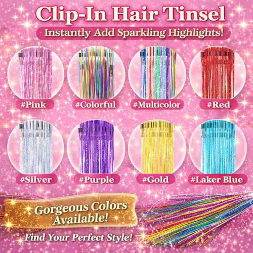 Hair Tinsel Clip In 12 Pack 22 Inch Heat Resistant Glitter Extensions