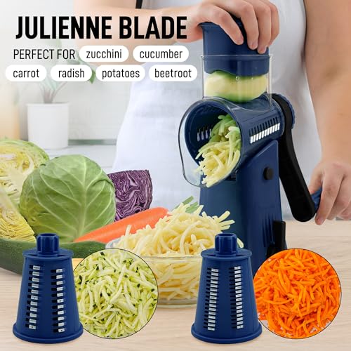 Zulay Rotary Cheese Grater 5 Blade Cheese Shredder - Manual Hand Crank Cheese Grater With Reinforced Suction & 5 Interchangeable Drums - Easy to Use Vegetable Chopper - Crystal Sapphire