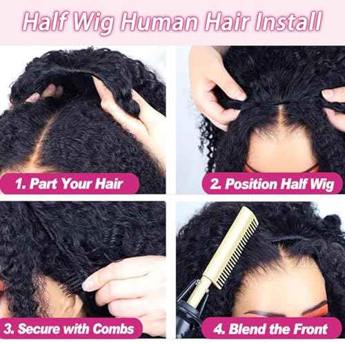 SENSAIRUITE Half Wig Human Hair Curly Deep Wave Half Wigs for Women - Upgrade Drawstring 3 in 1 Seamless Flip Over Glueless Wig 24-inch Natural Black