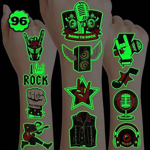 96PCS Born To Rock N Roll Rocks Luminous Glow in the Dark Temporary Tattoos Themed Music Band Birthday Party Decorations Favors Supplies Decor Rockstar Guitar Stickers For Kids (Glow in the dark)