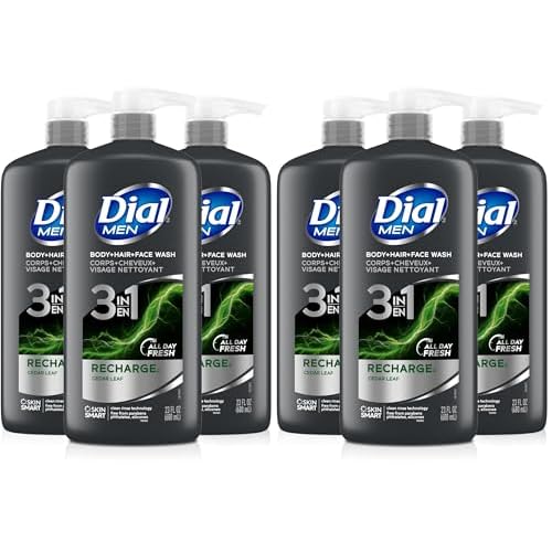 Dial Men 3in1 Body,Hair and Face Wash,Recharge, (23 fl oz Bottles),(Pack of 6)