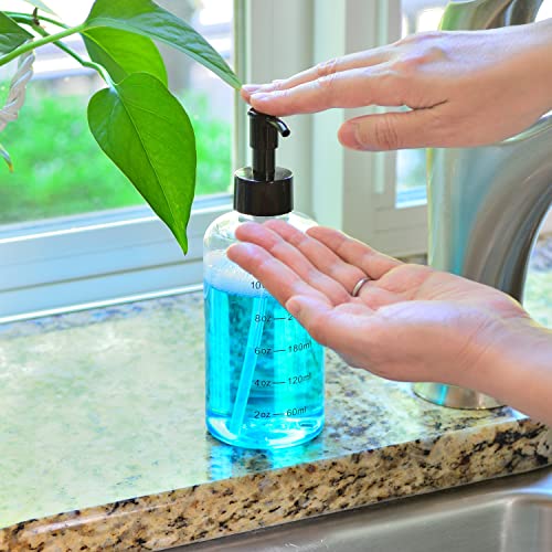 Youngever 6 Pack Plastic Pump Bottles, Clear Refillable Plastic Pump Bottles with Measurement and Travel Lock (12 Ounce)