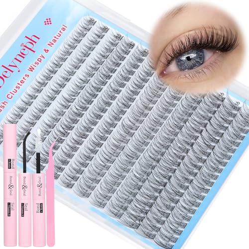 Natural Lash Extension Kit 240 Pcs Lash Clusters 10-16 MM Wispy Cluster Eyelash Extensions C Curl Individual Lashes Extensions Kit with Lash Bond and Seal and Eyelash Clusters Tweezers by Delyneph