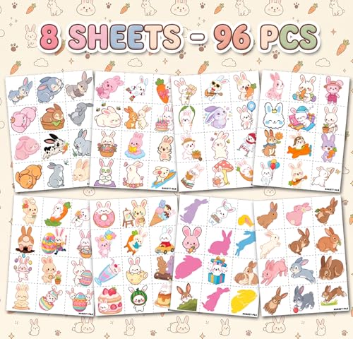 96 Bunny Temporary Tattoos for Kids - 8 Sheets