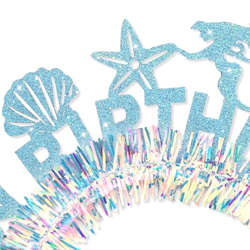 BAHABY Happy Birthday Headbands for Girls Mermaid Birthday Decorations Glitter Birthday Girl Headband Birthday Party Favors- Blue