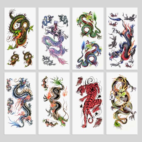 8 Sheets Temporary Tattoos - Dragon Tiger Chinese Blue Green