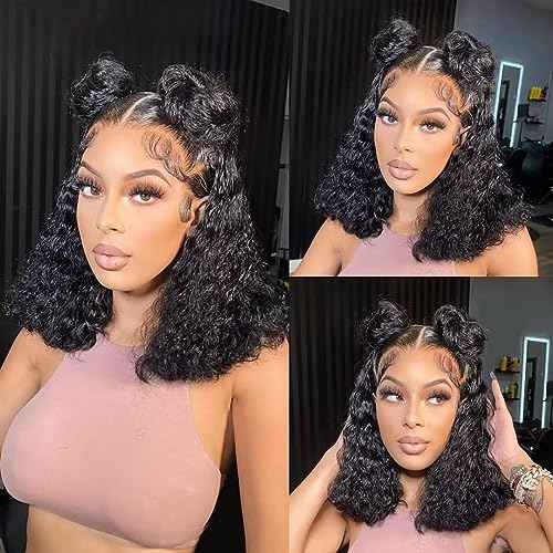 Short Curly Bob Wig Human Hair Deep Wave Bob Wig Lace Front Wigs Human Hair 13x4 Transparent Lace Frontal Wigs for Black Women Glueless Wet and Wavy Lace Front Wigs Human Hair Pre Plucked 14inch