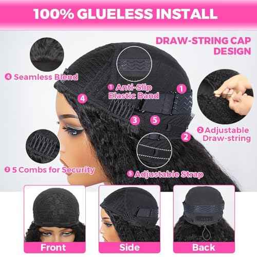 Kinky Curly Half Wig Human Hair 200% Density 3 In 1 Seamless Clip Ins Flip Over Half Wig Wear and Go Glueless Wigs Human Hair for Women Drawstring Headband Wig Beginner Friendly (Black, 18 Inch)